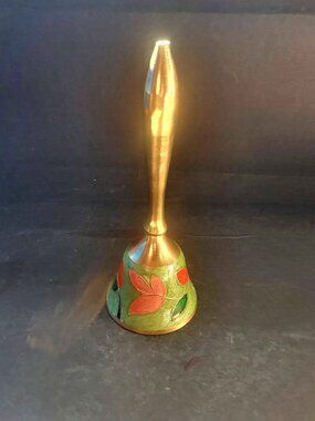 Vintage Brass And Enameled Hand-Painted Floral Design Hand Bell